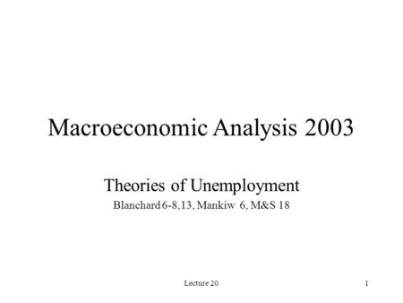 Lecture 201 Macroeconomic Analysis 2003 Theories of Unemployment Blanchard 6-8,13, Mankiw 6, M&S 18.