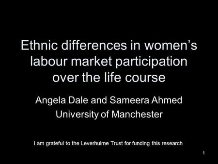 1 Ethnic differences in womens labour market participation over the life course Angela Dale and Sameera Ahmed University of Manchester I am grateful to.