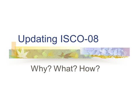 Updating ISCO-08 Why? What? How?. Bureau of Statistics Reasons Developments in the world of work in last 15 years Experience gained in adapting ISCO-