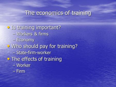 The economics of training Is training important? Is training important? –Workers & firms –Economy Who should pay for training? Who should pay for training?