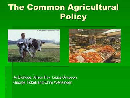 The Common Agricultural Policy Jo Eldridge, Alison Fox, Lizzie Simpson, George Tickell and Chris Wenzinger,