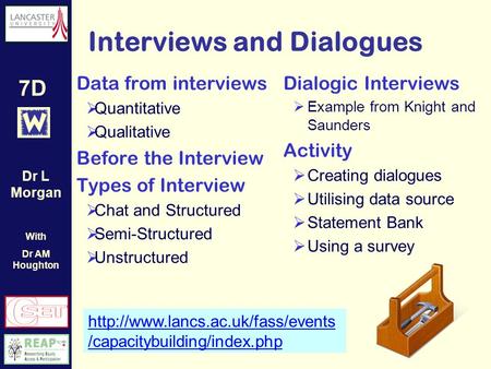 7D Interviews and Dialogues  /capacitybuilding/index.php Data from interviews Quantitative Qualitative Before the Interview.