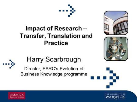 Impact of Research – Transfer, Translation and Practice Harry Scarbrough Director, ESRCs Evolution of Business Knowledge programme.