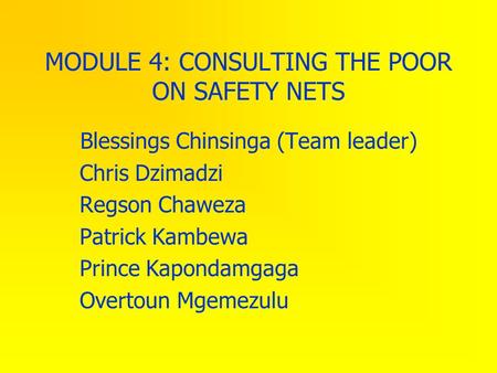 MODULE 4: CONSULTING THE POOR ON SAFETY NETS Blessings Chinsinga (Team leader) Chris Dzimadzi Regson Chaweza Patrick Kambewa Prince Kapondamgaga Overtoun.