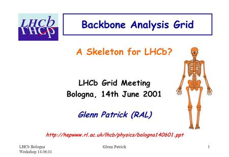 LHCb Bologna Workshop 14.06.01 Glenn Patrick1 Backbone Analysis Grid A Skeleton for LHCb? LHCb Grid Meeting Bologna, 14th June 2001 Glenn Patrick (RAL)