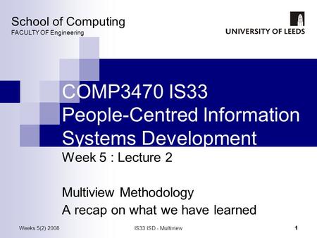 Weeks 5(2) 2008IS33 ISD - Multiview 1 COMP3470 IS33 People-Centred Information Systems Development Week 5 : Lecture 2 Multiview Methodology A recap on.