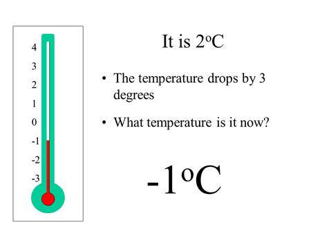 4 3 2 1 0 -2 -3 It is 2 o C The temperature drops by 3 degrees What temperature is it now? -1 o C.