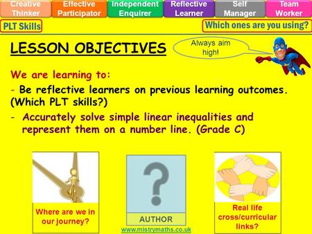 We are learning to: - Be reflective learners on previous learning outcomes. (Which PLT skills?) -Accurately solve simple linear inequalities and represent.
