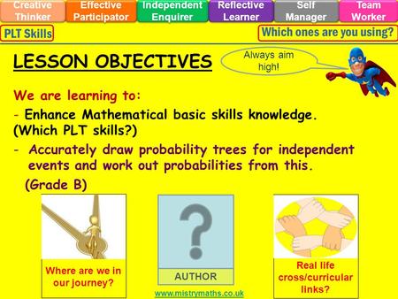 We are learning to: - Enhance Mathematical basic skills knowledge. (Which PLT skills?) -Accurately draw probability trees for independent events and work.