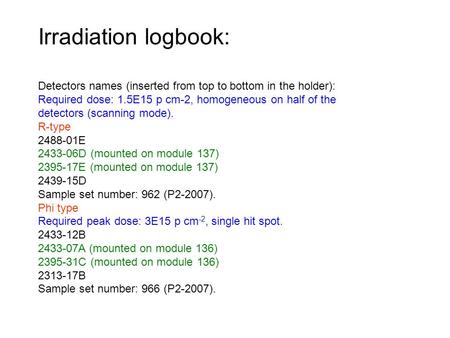 Irradiation logbook: Detectors names (inserted from top to bottom in the holder): Required dose: 1.5E15 p cm-2, homogeneous on half of the detectors (scanning.