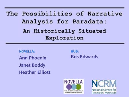 The Possibilities of Narrative Analysis for Paradata: An Historically Situated Exploration NOVELLA: Ann Phoenix Janet Boddy Heather Elliott HUB: Ros Edwards.