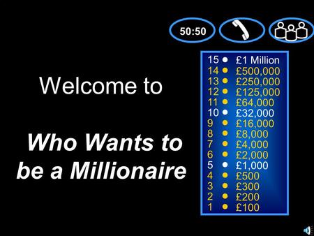15 14 13 12 11 10 9 8 7 6 5 4 3 2 1 £1 Million £500,000 £250,000 £125,000 £64,000 £32,000 £16,000 £8,000 £4,000 £2,000 £1,000 £500 £300 £200 £100 Welcome.