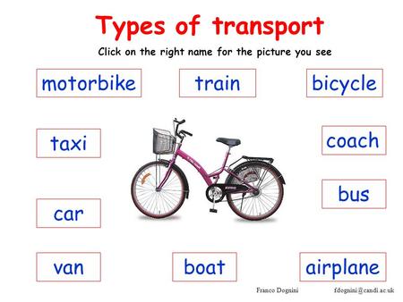 Franco Dognini coach Types of transport Click on the right name for the picture you see bus taxi car motorbike vanairplaneboat bicycletrain.