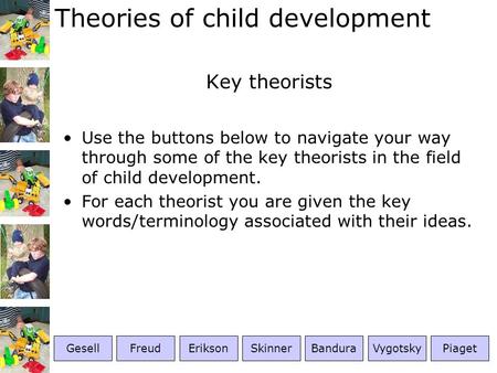 Key theorists Use the buttons below to navigate your way through some of the key theorists in the field of child development. For each theorist you are.