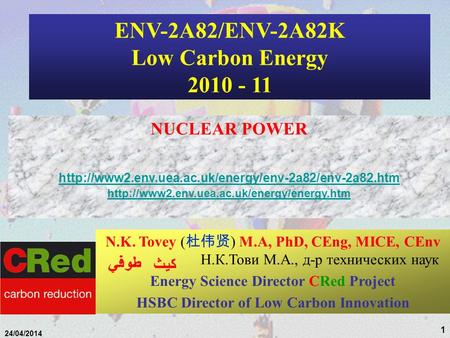 1 24/04/2014 ENV-2A82/ENV-2A82K Low Carbon Energy 2010 - 11 NUCLEAR POWER