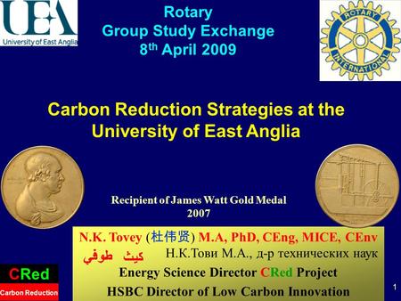 1 Carbon Reduction Strategies at the University of East Anglia CRed Carbon Reduction Rotary Group Study Exchange 8 th April 2009 N.K. Tovey ( ) M.A, PhD,