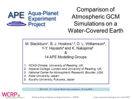 Working Group on Numerical Experimentation - WGNE  M. Blackburn 1, B. J. Hoskins 1,2, D. L. Williamson 3, Y-Y. Hayashi.