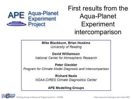 First results from the Aqua-Planet Experiment intercomparison Mike Blackburn, Brian Hoskins University of Reading David Williamson National Center for.