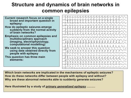 Structure and dynamics of brain networks in common epilepsies Current research focus on a single broad and important question in epilepsy: How do epileptic.