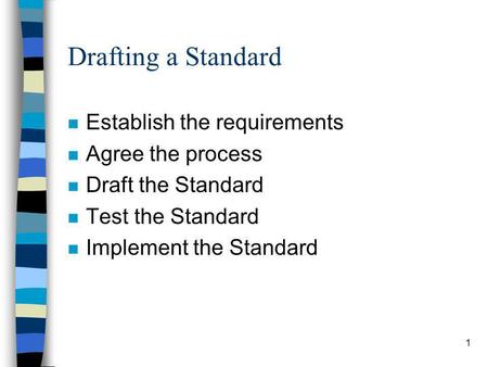 1 Drafting a Standard n Establish the requirements n Agree the process n Draft the Standard n Test the Standard n Implement the Standard.