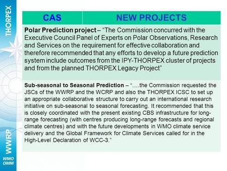 WWRP CASNEW PROJECTS Polar Prediction project – The Commission concurred with the Executive Council Panel of Experts on Polar Observations, Research and.
