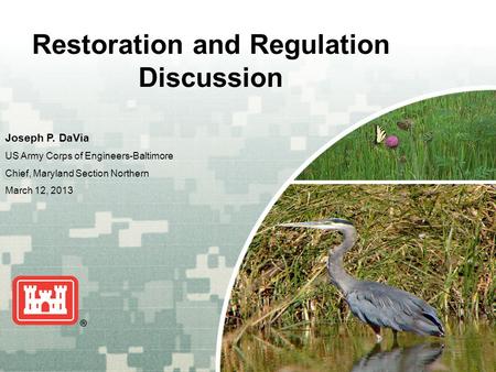 US Army Corps of Engineers BUILDING STRONG ® Restoration and Regulation Discussion Joseph P. DaVia US Army Corps of Engineers-Baltimore Chief, Maryland.