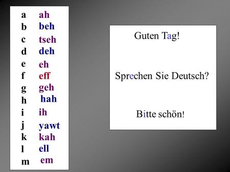 Das Alphabet And its pronunciation In German. German Alphabet A- Ah B- Bay  C- Tsay D- Day E- Ay F- Ayf G- Gay. - ppt download