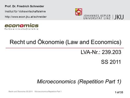 Recht und Ökonomie SS 2011Microeconomics Repetition Part 1 Recht und Ökonomie (Law and Economics) LVA-Nr.: 239.203 SS 2011 Microeconomics (Repetition Part.