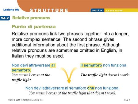 © and ® 2011 Vista Higher Learning, Inc.9A.2-1 Punto di partenza Relative pronouns link two phrases together into a longer, more complex sentence. The.