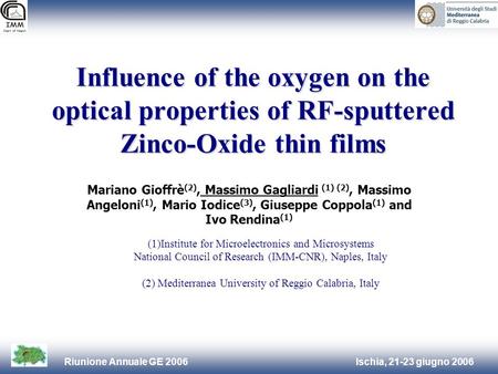 Ischia, 21-23 giugno 2006Riunione Annuale GE 2006 Influence of the oxygen on the optical properties of RF-sputtered Zinco-Oxide thin films (1)Institute.