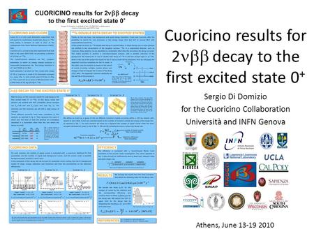 Cuoricino results for 2 decay to the first excited state 0 + Sergio Di Domizio for the Cuoricino Collaboration Università and INFN Genova Athens, June.