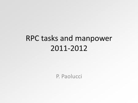 RPC tasks and manpower 2011-2012 P. Paolucci. DPG Not covered tasks 7/12/10RPC IB - Pigi Paolucci2 DPG 2011 (FTE)2012 (FTE) WBM0.70.3Berzano* + ? Offline.