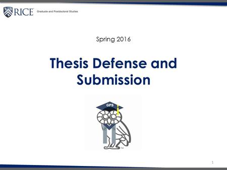 Thesis Defense and Submission 1 Spring 2016.  Register for Spring semester  Deadline to submit thesis to GPS: Friday, April 22 nd at NOON  Deadline.