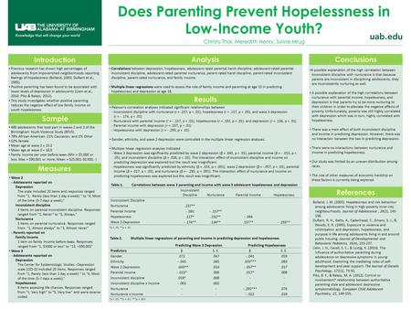 Does Parenting Prevent Hopelessness in Low-Income Youth? Christy Thai, Meredith Henry, Sylvie Mrug Introduction Sample Measures Analysis Results Conclusions.