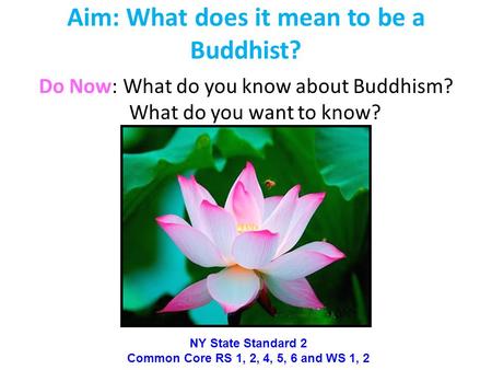 Aim: What does it mean to be a Buddhist? Do Now: What do you know about Buddhism? What do you want to know? NY State Standard 2 Common Core RS 1, 2, 4,
