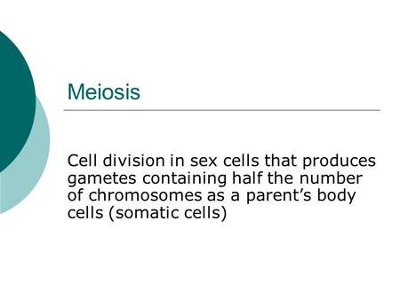 Meiosis Cell division in sex cells that produces gametes containing half the number of chromosomes as a parent’s body cells (somatic cells)