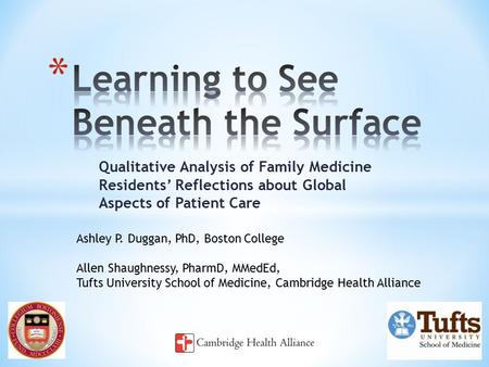 Qualitative Analysis of Family Medicine Residents’ Reflections about Global Aspects of Patient Care Ashley P. Duggan, PhD, Boston College Allen Shaughnessy,