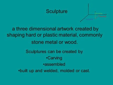 A three dimensional artwork created by shaping hard or plastic material, commonly stone metal or wood. Sculptures can be created by Carving assembled built.
