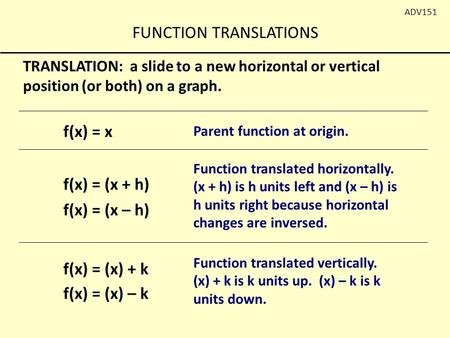 FUNCTION TRANSLATIONS ADV151 TRANSLATION: a slide to a new horizontal or vertical position (or both) on a graph. f(x) = x f(x) = (x – h) Parent function.