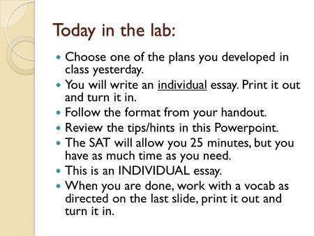 Today in the lab: Choose one of the plans you developed in class yesterday. You will write an individual essay. Print it out and turn it in. Follow the.