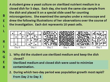 BELL RINGER A student grew a yeast culture on sterilized nutrient medium in a closed dish for 5 days. Each day, she took the same size sample from the.