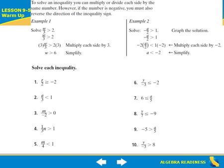 ALGEBRA READINESS LESSON 9-5 Warm Up Lesson 9-5 Warm-Up.