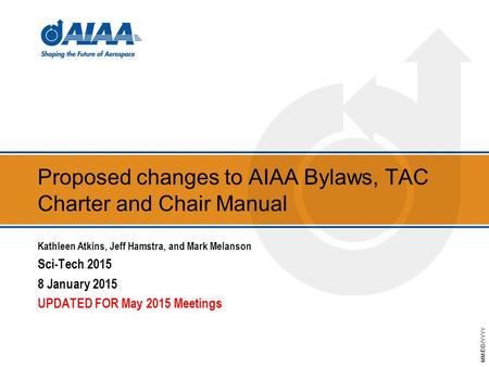 MM/DD/YYYY Proposed changes to AIAA Bylaws, TAC Charter and Chair Manual Kathleen Atkins, Jeff Hamstra, and Mark Melanson Sci-Tech 2015 8 January 2015.