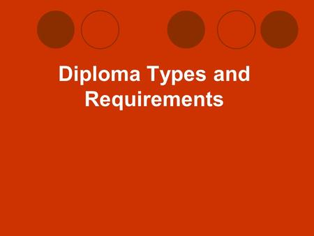 Diploma Types and Requirements. Core 40 Diploma Core 40 Requirements  42 Credits  8 credits English  6 credits Math  All students will need to take.
