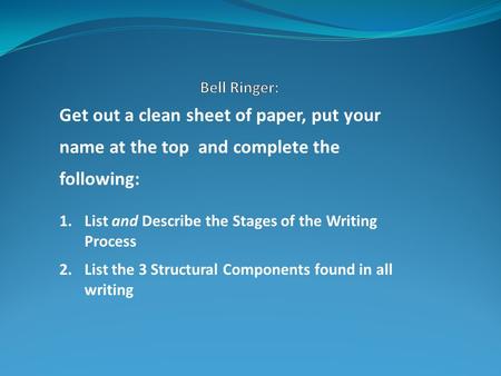 Get out a clean sheet of paper, put your name at the top and complete the following: 1.List and Describe the Stages of the Writing Process 2.List the 3.