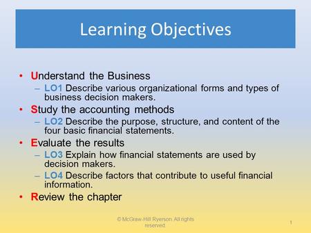 Learning Objectives Understand the Business –LO1 Describe various organizational forms and types of business decision makers. Study the accounting methods.
