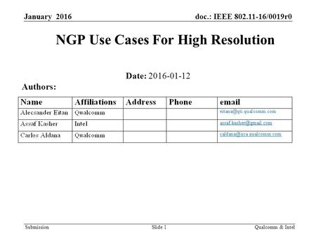 Submission January 2016doc.: IEEE 802.11-16/0019r0 NGP Use Cases For High Resolution Date: 2016-01-12 Qualcomm & IntelSlide 1 Authors: