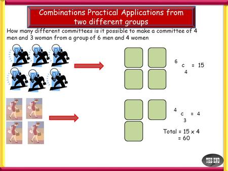 Combinations Practical Applications from two different groups How many different committees is it possible to make a committee of 4 men and 3 woman from.