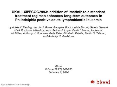 UKALLXII/ECOG2993: addition of imatinib to a standard treatment regimen enhances long-term outcomes in Philadelphia positive acute lymphoblastic leukemia.