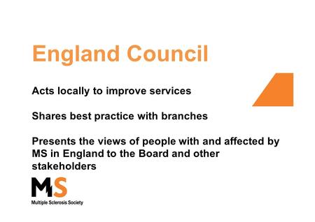 England Council Acts locally to improve services Shares best practice with branches Presents the views of people with and affected by MS in England to.